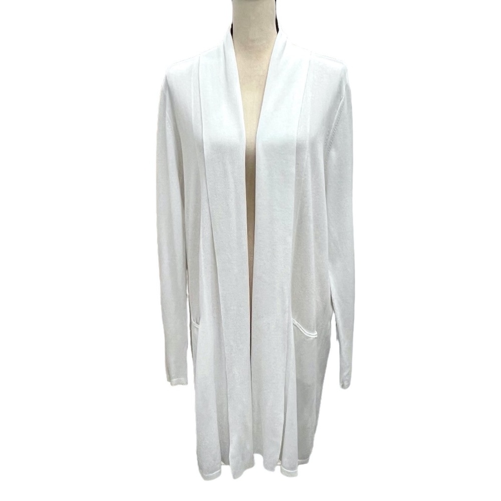 CALVIN KLEIN WHITE COTTON/RAYON LONG OPEN RIBBED SHAWL COLLAR CARDIGAN